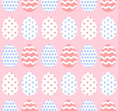 Farklı düz çizgi film paskalya yumurtalarının pürüzsüz desenleri pembe arka planda izole edilmiş.