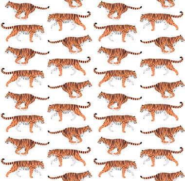 Beyaz zemin üzerinde izole edilmiş düz kaplanların vektörsüz deseni