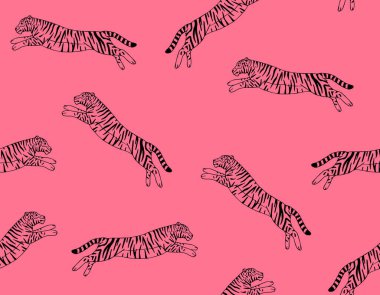 El çiziminin kusursuz çizimi. Pembe arka planda izole edilmiş zıplayan kaplan çizimi.