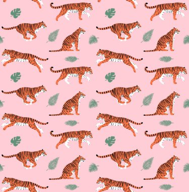 Pembe arka planda izole edilmiş düz kaplanlar ve palmiye yaprakları.