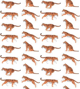 Beyaz arka planda izole edilmiş düz kaplanların kusursuz el çizimi kalıpları