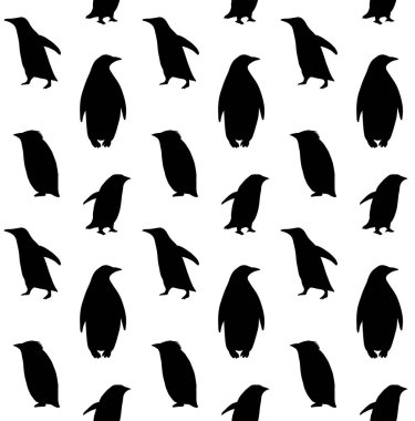 Beyaz arkaplanda izole edilmiş el çizimi penguen siluetinin vektörsüz deseni