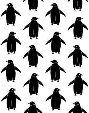 Beyaz arkaplanda izole edilmiş el çizimi penguen siluetinin vektörsüz deseni