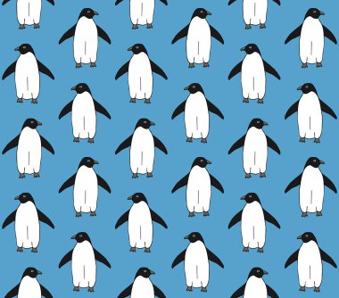 El çiziminin kusursuz çizimi. Mavi arkaplanda izole edilmiş penguen çizimi.