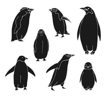 Vektör kümesi el çizimi karalama çizimi beyaz arkaplanda izole edilmiş siyah penguen