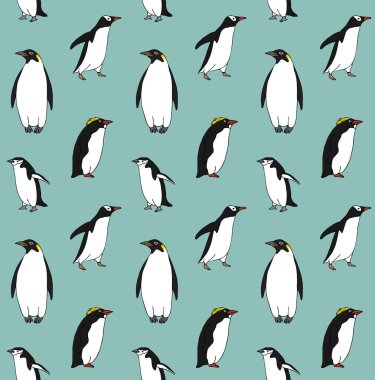 El çiziminin vektörsüz deseni. Naneli arka planda izole edilmiş karalama çizimi pengueni.