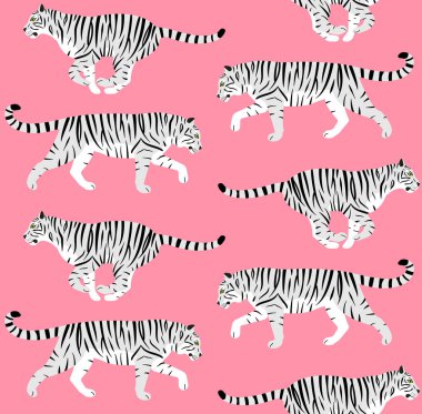 Pembe arka planda izole edilmiş bembeyaz düz kaplanların vektörsüz deseni