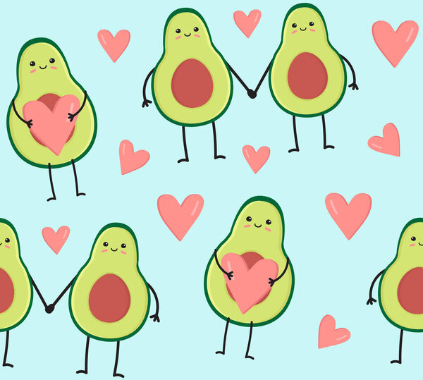 Векторный бесшовный рисунок любви авокадо с сердцами, изолированными на синем фоне