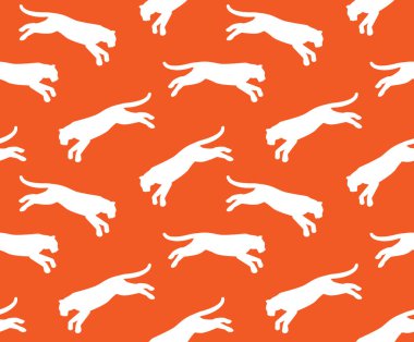 Turuncu arka planda izole edilmiş düz elli düz elli, zıplayan kaplan silueti.