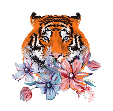 Beyaz arka planda mor çiçeklerle çevrili kaplan çizimi