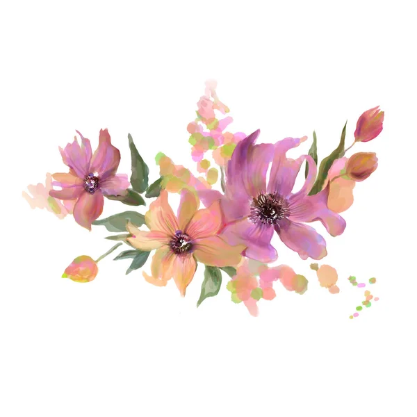 Aranyos kézzel festett virágok. Digitális illusztráció. Meghívó. Esküvői kártya. Születésnapi kártya — Stock Fotó