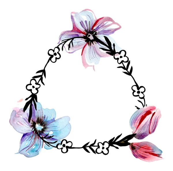 Round floral frame. Watercolor and ink hand painted illustration — Stock Photo, Image