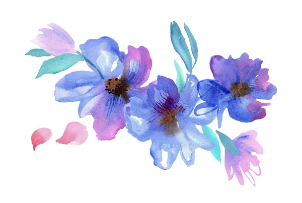水彩ブルーの花花束。手描きイラスト — ストック写真