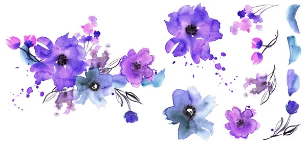 Акварельні квіткові елементи для дизайну вітальних листівок, запрошення Ліцензійні Стокові Фото