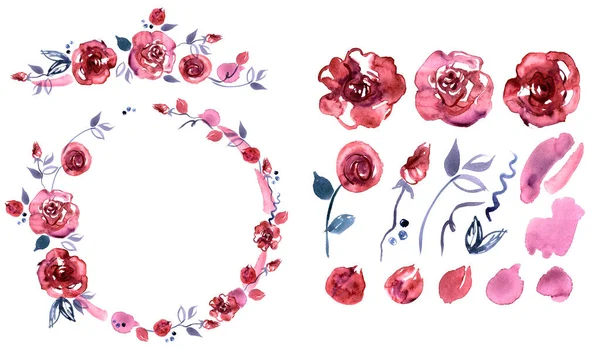 Червоні троянди. Акварельні квіткові елементи для дизайну вітальних листівок, запрошення Стокове Фото