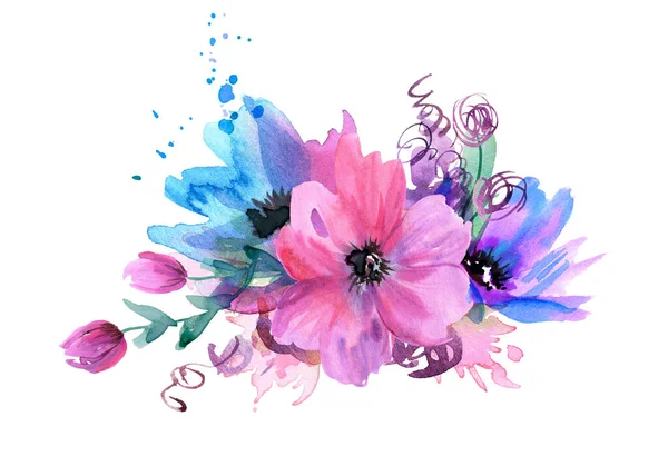 Cute akwarela różowe i niebieskie kwiaty. Projekt zaproszenia, kartka okolicznościowa — Zdjęcie stockowe