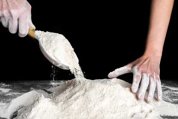 Baker Pouring Flour Wooden Spoon Kitchen Table Preparing Dough Bread — Stock Photo, Image
