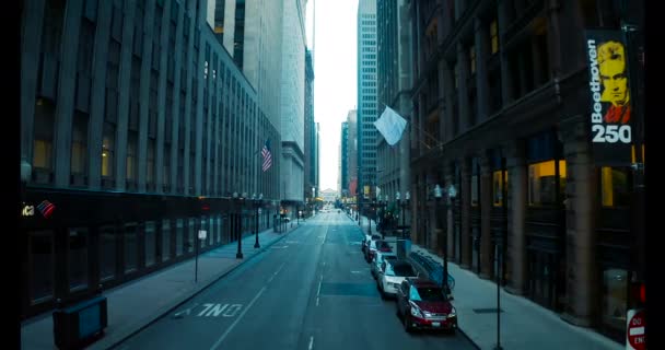 Aerial View Deserted Streets Loop Downtown Chicago Stay Home Order — Stock Video