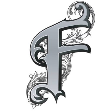 Beyaz arkaplanda izole edilmiş dekorasyonlu büyük harf vektör illüstrasyonu.Barok süslemeli zarif antik harf F. Baş harfler, logolar, amblemler için zarif siyah harfler.