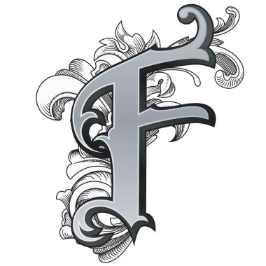 Beyaz arkaplanda izole edilmiş dekorasyonlu büyük harf vektör illüstrasyonu.Barok süslemeli zarif antik harf F. Baş harfler, logolar, amblemler için zarif siyah harfler.