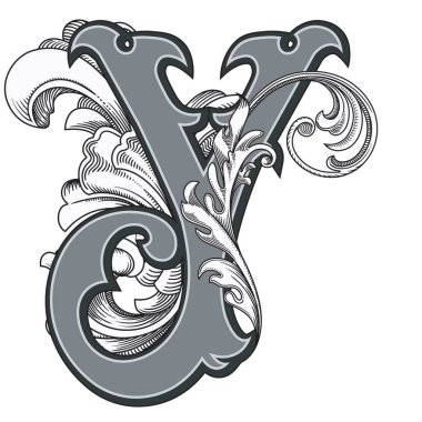 Beyaz arka planda izole edilmiş büyük harfli dekorasyonun vektör çizimi. Zarif, barok süslemeli antik Y harfi. Baş harfler, logolar, amblemler için zarif siyah harfler.