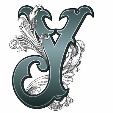 Beyaz arka planda izole edilmiş büyük harfli dekorasyonun vektör çizimi. Zarif, barok süslemeli antik Y harfi. Baş harfler, logolar, amblemler için zarif siyah harfler.