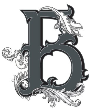 Beyaz arka planda izole edilmiş büyük harfli dekorasyonun vektör çizimi. Barok süslemeli zarif antik harf B. Baş harfler, logolar, amblemler için zarif siyah harfler.