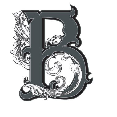 Beyaz arka planda izole edilmiş büyük harfli dekorasyonun vektör çizimi. Barok süslemeli zarif antik harf B. Baş harfler, logolar, amblemler için zarif siyah harfler.