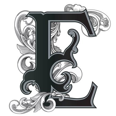 Beyaz arka planda izole edilmiş dekorasyonlu büyük harflerin vektör çizimi. Zarif antika harf ve barok süslemeler. Baş harfler, logolar, amblemler için zarif siyah harfler.
