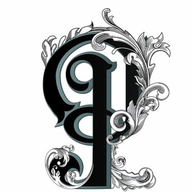 Beyaz arka planda izole edilmiş büyük harfli dekorasyonun vektör çizimi. Barok süslemeli zarif antika harf P. Baş harfler, logolar, amblemler için zarif siyah harfler.