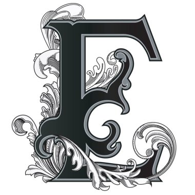 Beyaz arka planda izole edilmiş dekorasyonlu büyük harflerin vektör çizimi. Zarif antika harf ve barok süslemeler. Baş harfler, logolar, amblemler için zarif siyah harfler.