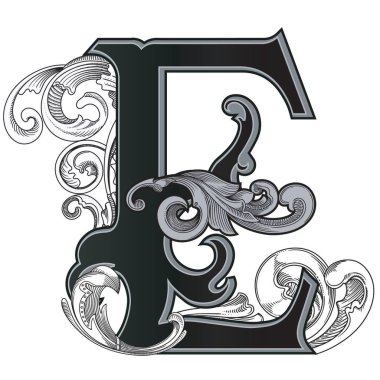 Beyaz arka planda izole edilmiş dekorasyonlu büyük harflerin vektör çizimi. Zarif antika harf ve barok süslemeler. Baş harfler, logolar, amblemler için zarif siyah harfler.