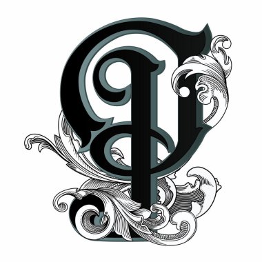 Beyaz arka planda izole edilmiş büyük harfli dekorasyonun vektör çizimi. Barok süslemeli zarif antika harf P. Baş harfler, logolar, amblemler için zarif siyah harfler.