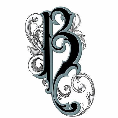 Beyaz arka planda izole edilmiş büyük harfli dekorasyonun vektör çizimi. Barok süslemeli zarif antik harf B. Baş harfler, logolar, amblemler için zarif siyah harfler.