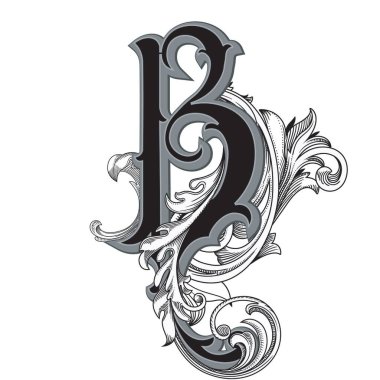 Beyaz arka planda izole edilmiş büyük harfli dekorasyonun vektör çizimi. Barok süslemeli zarif antik harf B. Baş harfler, logolar, amblemler için zarif siyah harfler.