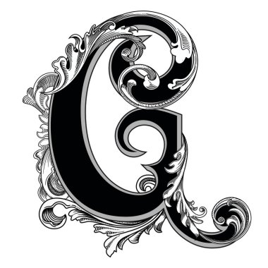 Beyaz arka planda izole edilmiş büyük harfli dekorasyonun vektör çizimi. Barok süslemeli zarif antika G harfi. Baş harfler, logolar, amblemler için zarif siyah harfler.