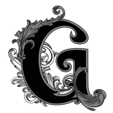 Beyaz arka planda izole edilmiş büyük harfli dekorasyonun vektör çizimi. Barok süslemeli zarif antika G harfi. Baş harfler, logolar, amblemler için zarif siyah harfler.