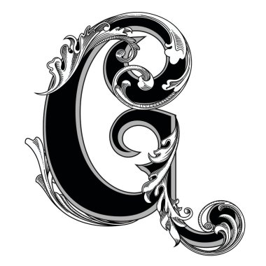 Beyaz arka planda izole edilmiş büyük harfli dekorasyonun vektör çizimi. Barok süslemeli zarif antika G harfi. Baş harfler, logolar, amblemler için zarif siyah harfler.