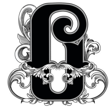 Beyaz arkaplanda izole edilmiş dekorasyonlu büyük harf vektör illüstrasyonu. Barok süslemeli zarif antik harf o. Baş harfler, logolar, amblemler için zarif siyah harfler.
