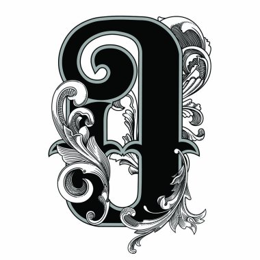 Beyaz arkaplanda izole edilmiş dekorasyonlu büyük harf vektör illüstrasyonu. Barok süslemeli zarif antik harf o. Baş harfler, logolar, amblemler için zarif siyah harfler.