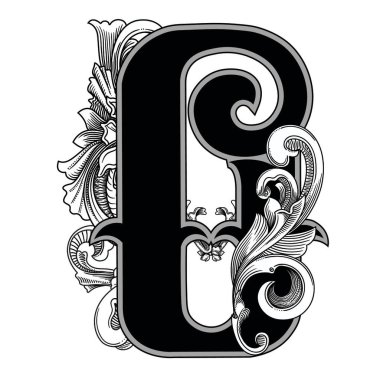 Beyaz arkaplanda izole edilmiş dekorasyonlu büyük harf vektör illüstrasyonu. Barok süslemeli zarif antik harf o. Baş harfler, logolar, amblemler için zarif siyah harfler.