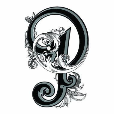 Beyaz arka planda izole edilmiş büyük harfli dekorasyonun vektör çizimi. Barok süslemeli zarif antika harf P. Baş harfler, logolar, amblemler için zarif siyah harfler.