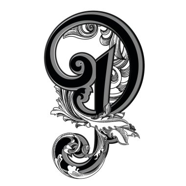 Beyaz arka planda izole edilmiş büyük harfli dekorasyonun vektör çizimi. Barok süslemeli zarif antika harf P. Baş harfler, logolar, amblemler için zarif siyah harfler.