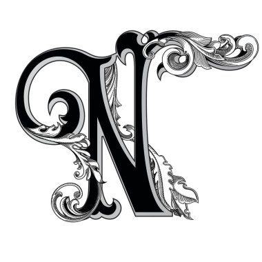 Beyaz arka planda izole edilmiş dekorasyonlu büyük harflerin vektör illüstrasyonu. Barok süslemeli zarif antika harf N. Baş harfler, logolar, amblemler için zarif siyah harfler.