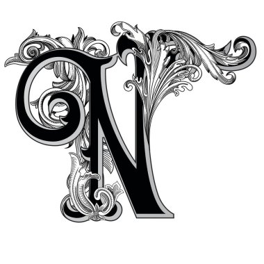 Beyaz arka planda izole edilmiş dekorasyonlu büyük harflerin vektör illüstrasyonu. Barok süslemeli zarif antika harf N. Baş harfler, logolar, amblemler için zarif siyah harfler.
