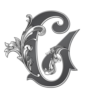 Beyaz arka planda izole edilmiş büyük harfli dekorasyonun vektör çizimi. Barok süslemeli zarif antika C harfi. Baş harfler, logolar, amblemler için zarif siyah harfler.