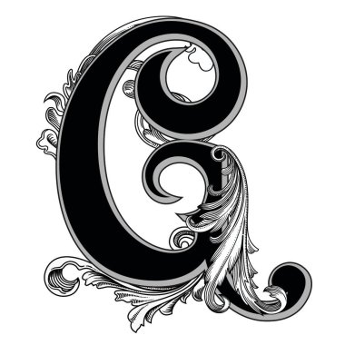 Beyaz arka planda izole edilmiş büyük harfli dekorasyonun vektör çizimi. Barok süslemeli zarif antika C harfi. Baş harfler, logolar, amblemler için zarif siyah harfler.