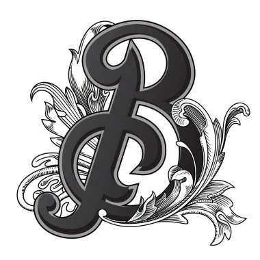 Beyaz arka planda izole edilmiş büyük harfli dekorasyonun vektör çizimi. Barok süslemeli zarif antik harf B. Baş harfler, logolar, amblemler için zarif siyah harfler.