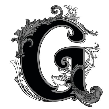 Beyaz arka planda izole edilmiş büyük harfli dekorasyonun vektör çizimi. Barok süslemeli zarif antika G harfi. Baş harfler, logolar, amblemler için zarif siyah harfler.