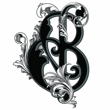 Beyaz arka planda izole edilmiş büyük harfli dekorasyonun vektör çizimi. Barok süslemeli zarif antik harf B. Baş harfler, logolar, amblemler için zarif siyah harfler.